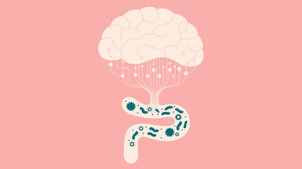 Stylized illustration of brain connected to intestines with microbiota, symbolizing gut-brain axis, mental health, and digestive science