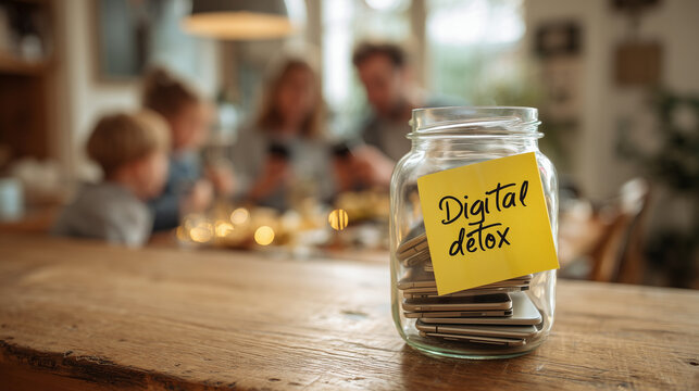 Jar labeled digital detox with smartphones, family bonding behind. - Powered by Adobe