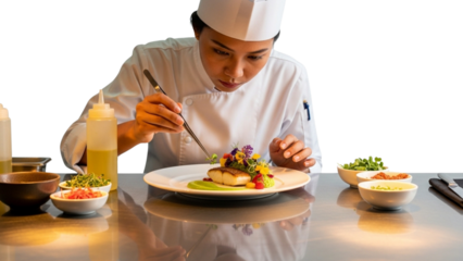 Chef Plating Exquisite Fish Dish with Flowers