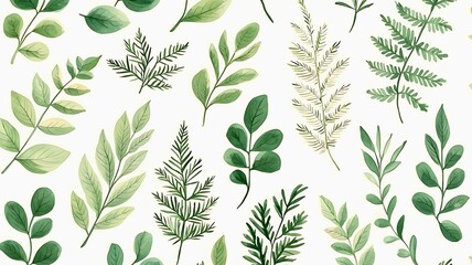 A collection of various watercolor leaves and foliage with detailed texture, arranged on a clean, neutral background. The leaves showcase vibrant green hues