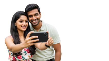 Smiling Couple Taking Selfie on Isolated Background