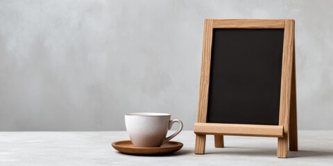 Blank Blackboard with Coffee: A simple, yet elegant scene showcasing a chalkboard and a cup of coffee, a perfect setting for promoting and a moment of reflection. 