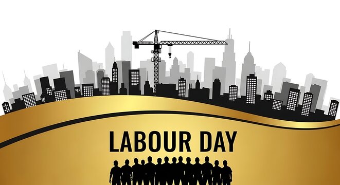 Modern City Skyline Labour Day: Gold Banner, Construction Crane, Workers Silhouette