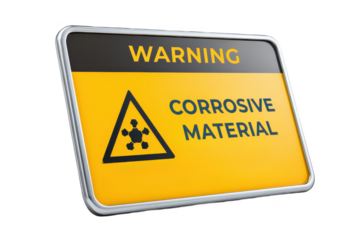 Yellow warning sign reading "Corrosive Material" with hazard triangle symbol