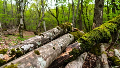 Stacked logs covered in vibrant green moss, nestled within a tranquil forest setting.