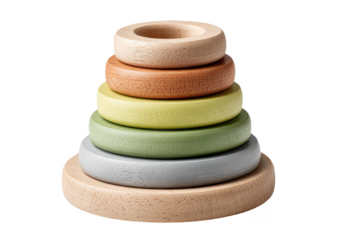 Wooden stacking ring toy formed into a smooth, tiered pyramid of pastel discs, featuring natural beech tones for early learning and motor skill development