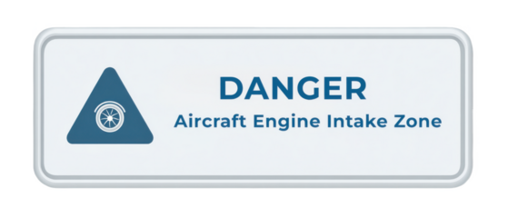 Warning sign with blue triangle and jet engine icon reading: DANGER Aircraft Engine Intake Zone