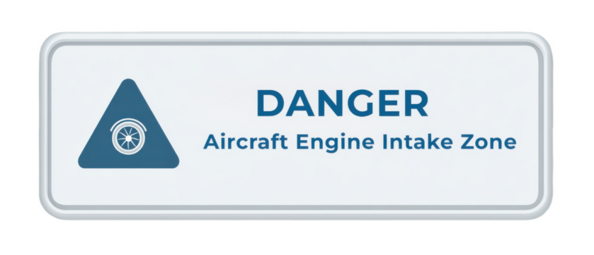Warning sign with blue triangle and jet engine icon reading: DANGER Aircraft Engine Intake Zone