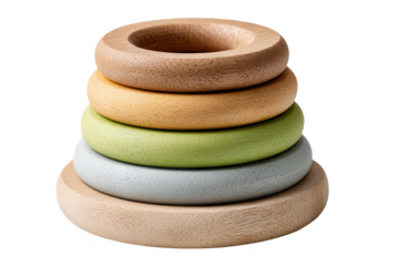 Stack of smooth wooden rings in muted colors, a classic Montessori stacking toy for toddlers