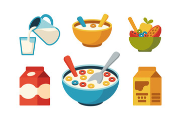 Breakfast mix vector, cereal bowl with milk, spoon jar jug carton, granola and fruit, morning food icons, kitchen clipart