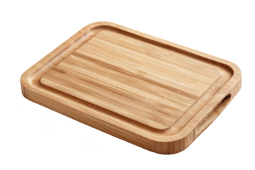 Rectangular bamboo cutting board with juice groove and side handle slot, featuring smooth striped grain and beveled edges