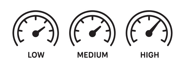 Low, medium, high speedometer sign. Rating Speed Meter. Speedometer icon. Speed indicator sign. Internet car speed, vector illustration .