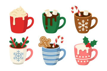 Winter mugs vector, hot cocoa and latte, whipped cream topping, candy cane, holiday drink icons, cozy beverage illustration