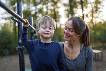 Obraz premium A young boy and his mother are standing next to a metal bar