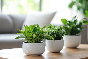 Three potted plants on a light wooden table, in front of a light gray couch