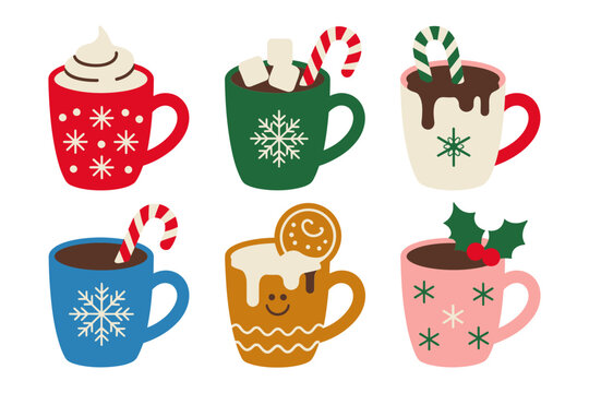 Holiday drink mugs vector, hot chocolate and coffee, whipped cream, ginger cookie, snowflake mug, winter beverage icons