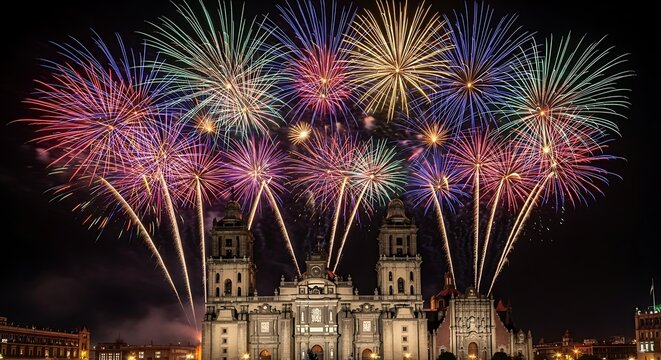 Mexico City Metropolitan Cathedral illuminated with vibrant fireworks display in the night sky