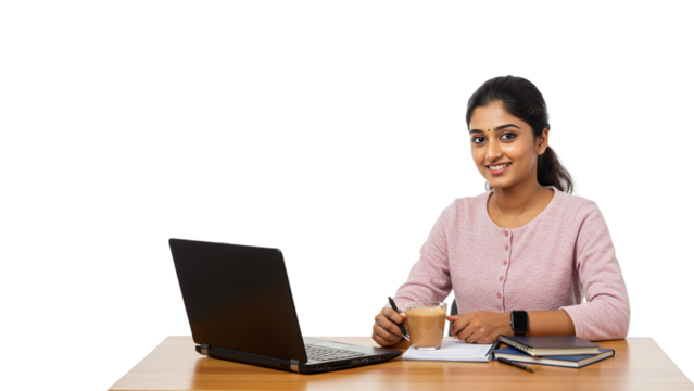 Young Woman Working at Desk with Laptop and Coffee