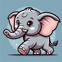 Fototapeta premium Cute cartoon elephant happily walking against a soft blue background with sparkles