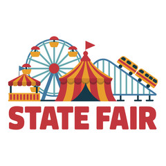 Colorful illustration of state fair with Ferris wheel, circus tent, roller coaster, and booth, symbolizing fun, entertainment, and celebration © Victuscon