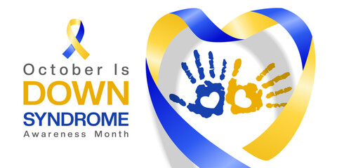 October is Down Syndrome Awareness Month. Ribbon shape heart and hand. Great for posters, banners and social media. White background.