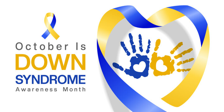 October is Down Syndrome Awareness Month. Ribbon shape heart and hand. Great for posters, banners and social media. White background. - Powered by Adobe