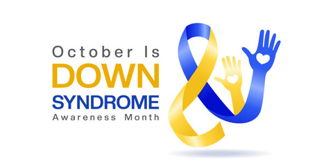 October is Down Syndrome Awareness Month. Ribbon, heart and hand. Great for posters, banners and social media. White background.