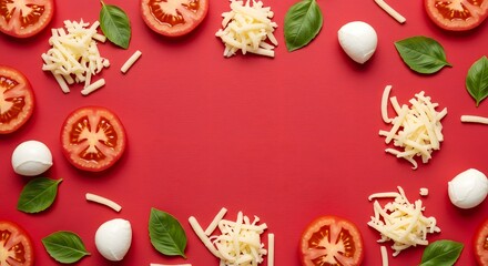Fresh pizza ingredients arranged on a vibrant red surface ready for delicious cooking