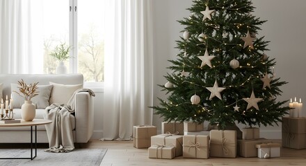 Elegant Christmas tree in cozy living room creates warm holiday atmosphere for family