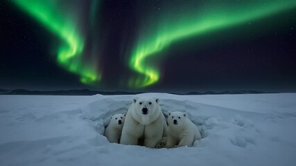 Polar bears in snowy den under vibrant northern lights - Powered by Adobe