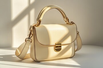 Cream-colored leather handbag, sunlight casts shadows