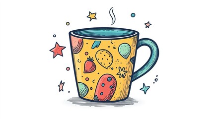 A colorful illustrated mug adorned with fruits and stars, exuding a playful and whimsical vibe.