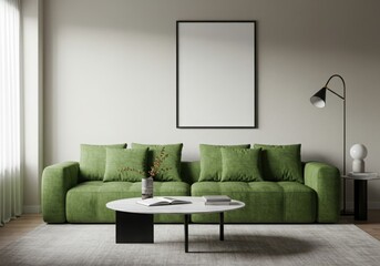 Serene living room scene featuring a plush green sofa and modern accents