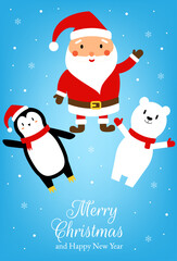 Penguin, Polar bear and Santa. Merry Christmas. Banner, poster, flyer, card.
