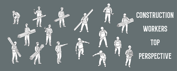Architectural Drawings construction workers in various poses, viewed from a top-down perspective vector illustration, top view, human person Minimal style hand drawn. Sections, Elevations, Floor Plans