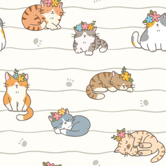 Seamless Pattern of Cute Cartoon Cat Design on Light Yellow Backgroud with Wavy Lines. Hand Drawn Vector Illustration.