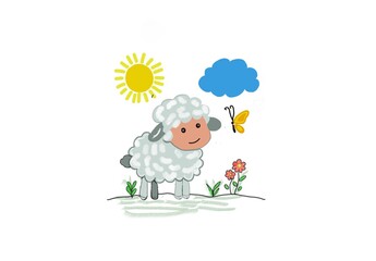 Adorable cartoon sheep with a butterfly sitting on its nose. Vector illustration in a cute children’s style, perfect for kids’ books, clothing prints, posters, stickers, or packaging design.


