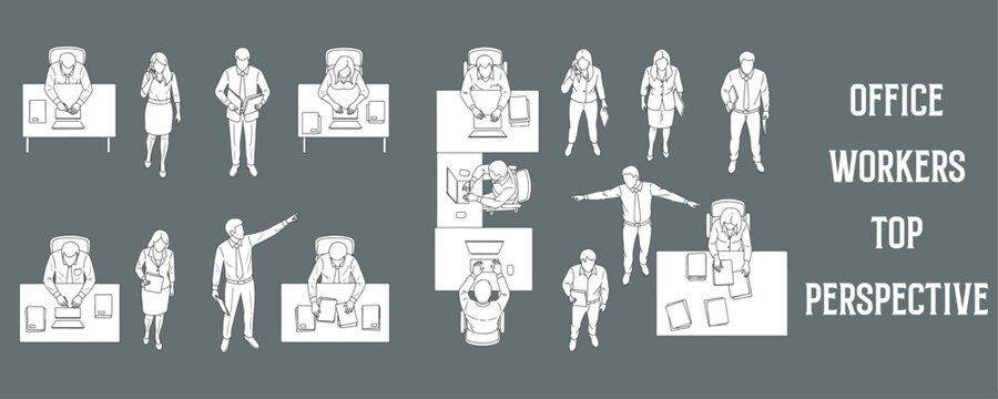Architectural Drawings office workers in various poses, viewed from a top-down perspective vector illustration, top view, human person Minimal style hand drawn. Sections, Elevations, Floor Plans