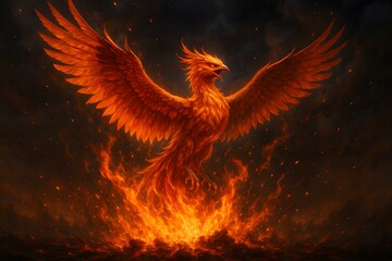 Fiery phoenix rising with glowing fire wings at sunset in mystical fantasy artwork