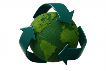 Green globe spinning, recycling emblem visualizing global sustainability efforts against transparent backdrop