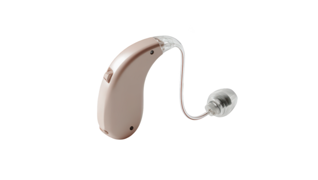 Beige hearing aid on black. Over-the-ear design with ear dome