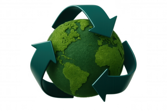 Green globe spinning, recycling emblem visualizing global sustainability efforts against transparent backdrop