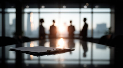 Business meeting with clipboard on table and people silhouette