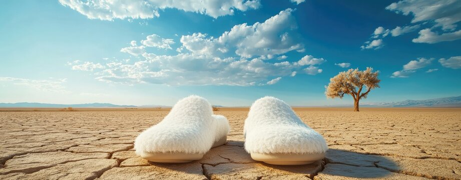 White slippers on cracked desert floor under a vibrant sky
