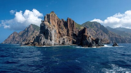 Island Fortress: An awe-inspiring scene of an island sanctuary rises majestically from the deep blue sea under a clear sky, with rugged cliffs standing strong against the ocean's embrace.