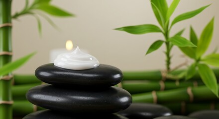 Obraz premium Serene Setting with Spa Stones Bamboo and Candlelight Symbolizing Relaxation