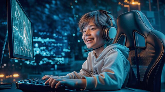  Excited and smiling boy enjoying computer game in his room at night hours