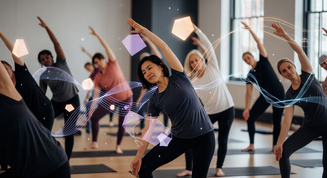 Diverse group of women practicing yoga and stretching in a bright, modern studio with geometric digital overlays - Powered by Adobe