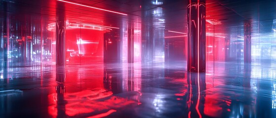 A large room with red and blue lights