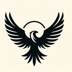 Fototapeta premium Majestic black eagle soaring with outstretched wings against a light background, symbolizing freedom